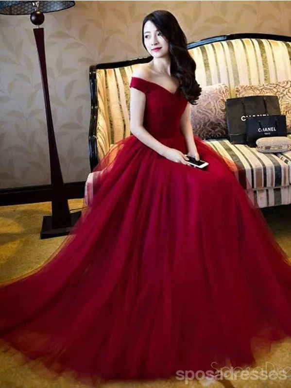 Metallic thread formal maxi dress-Off Shoulder Red A line Evening Prom Dresses, Long Tulle Party Prom Dress, Custom Long Prom Dresses, Cheap Formal Prom Dresses, 17069