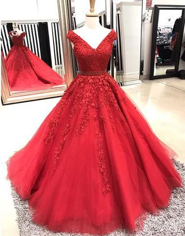 Metallic finish maxi dress-Off Shoulder Red A-line Lace Custom Long Evening Prom Dresses, 17721