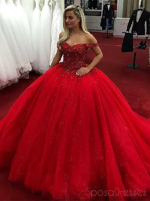 Denim fabric casual maxi dress-Off Shoulder Red Ball Gown Rhinestone Beaded Long Custom Evening Prom Dresses, 17438