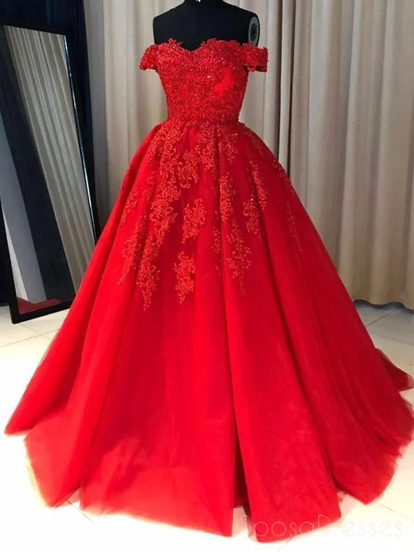 Sheer sleeve boho maxi dress-Off Shoulder Red Lace A-line Cheap Evening Prom Dresses, Sweet 16 Dresses, 17501