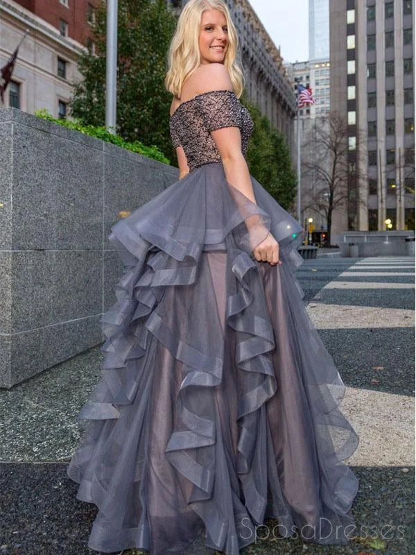 Frilly neckline elegant maxi dress-Off Shoulder See Through Beaded Grey Beaded A line Long Evening Prom Dresses, 17533