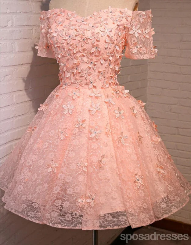 Statement sleeve beach maxi dress-Off Shoulder  Short Sleeve Peach Lace Beaded Homecoming Prom Dresses, Affordable Short Party Prom Dresses, Perfect Homecoming Dresses, CM294