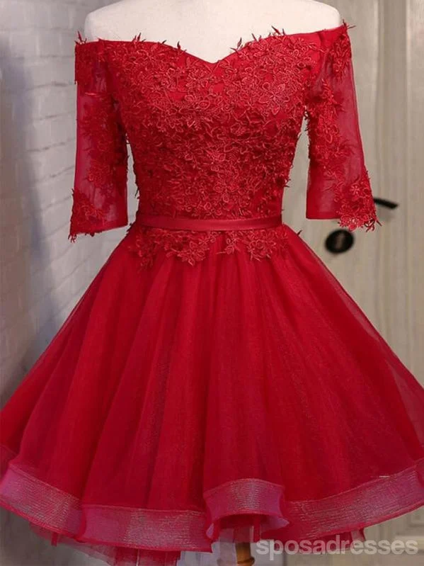 Sequin embellished maxi dress-Off Shoulder Short Sleeve Red Lace Cute Homecoming Prom Dresses, Affordable Short Party Prom Dresses, Perfect Homecoming Dresses, CM307