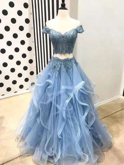 Crochet overlay casual maxi dress-Off Shoulder Short Sleeve Two Pieces Light Blue Lace Long Custom Evening Prom Dresses, 17440