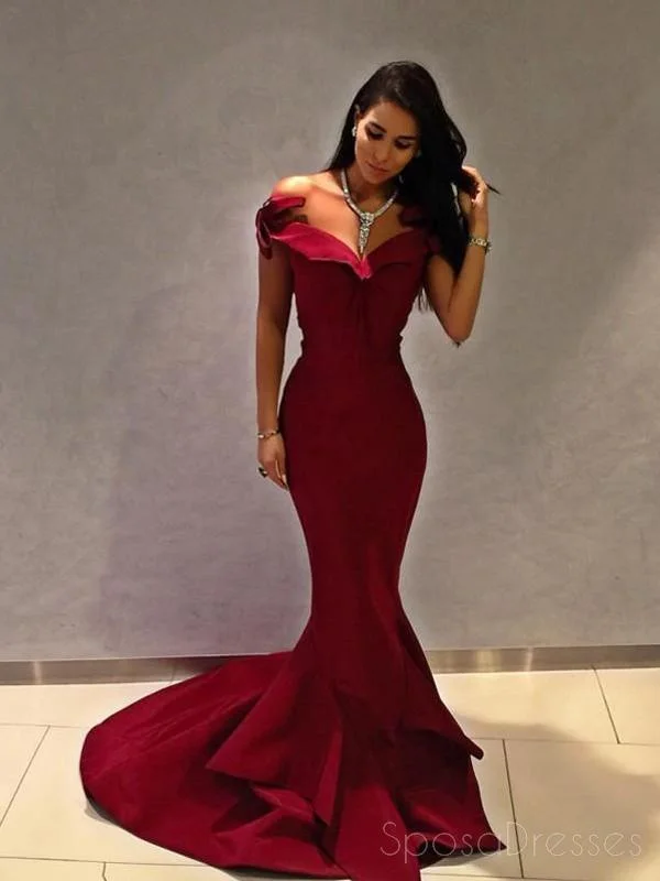 High-low silhouette beach maxi dress-Off Shoulder Simple Maroon Long Evening Prom Dresses, Cheap Sweet 16 Dresses, 18304