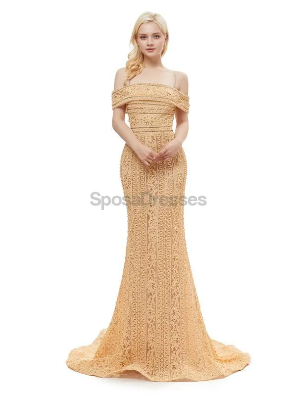 Pleated skirt maxi dress-Off Shoulder Spaghetti Straps Gold Lace Evening Prom Dresses, Evening Party Prom Dresses, 12056