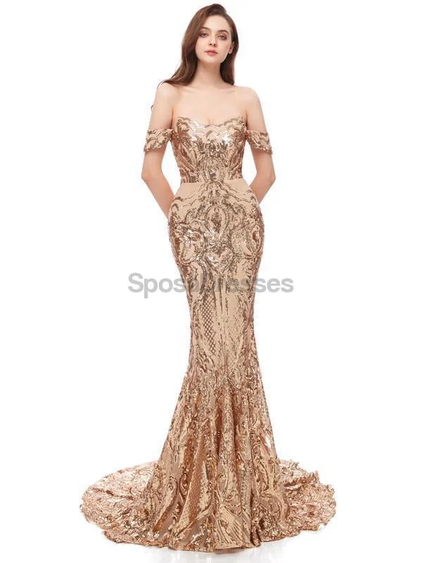 Layered tulle formal maxi dress-Off Shoulder Sparkly Gold Sequin Mermaid Evening Prom Dresses, Evening Party Prom Dresses, 12105