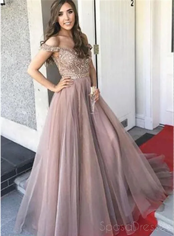 Peplum detail elegant maxi dress-Off Shoulder Sweetheart Neck A line Beaded Long Custom Evening Prom Dresses, 17406