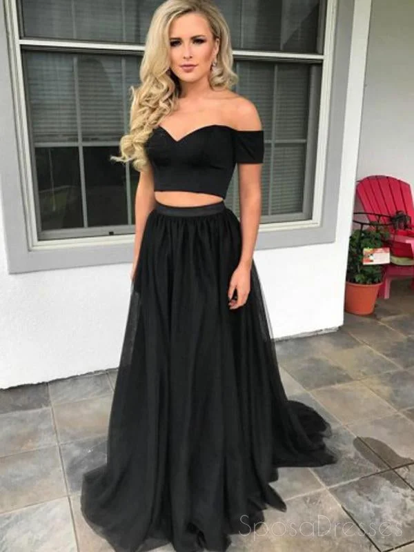 Tie-waist casual maxi dress-Off Shoulder Two Pieces Black Long Evening Prom Dresses, 17587