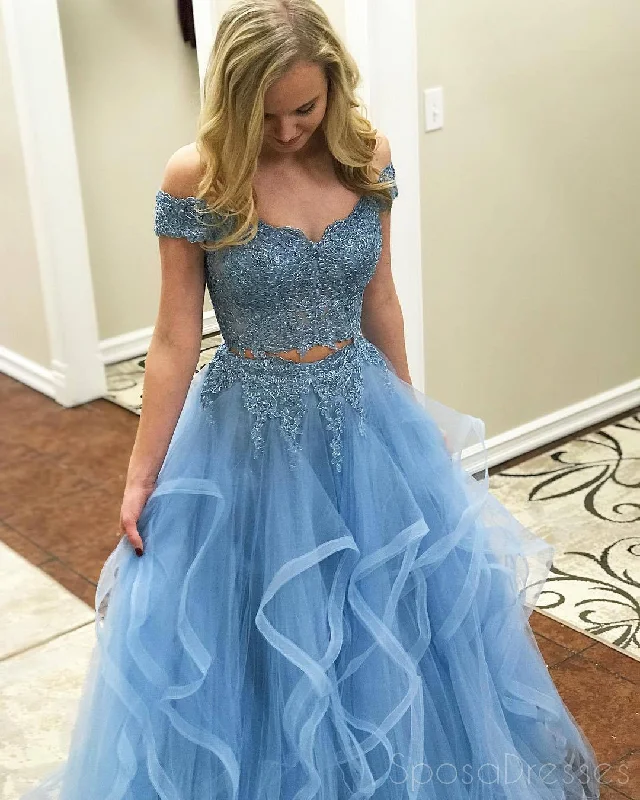 High split formal maxi dress-Off Shoulder Two Pieces Light Blue A line Long Evening Prom Dresses, Popular Cheap Long Custom Party Prom Dresses, 17318