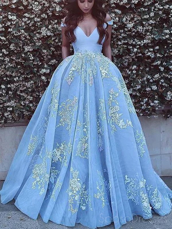 Striped casual maxi dress-Off Shoulder V Neck Backless Light Blue A-line Floor Length Custom Long Evening Prom Dresses, 17385