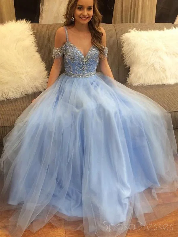 Summer floral maxi dress-Off Shoulder Beading Blue A-line Custom Long Evening Prom Dresses, 17384