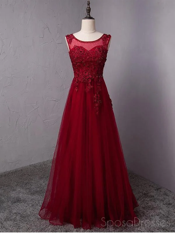 Intricate beading elegant maxi dress-Open Back Maroon Lace Beaded A-line Long Evening Prom Dresses, 17625