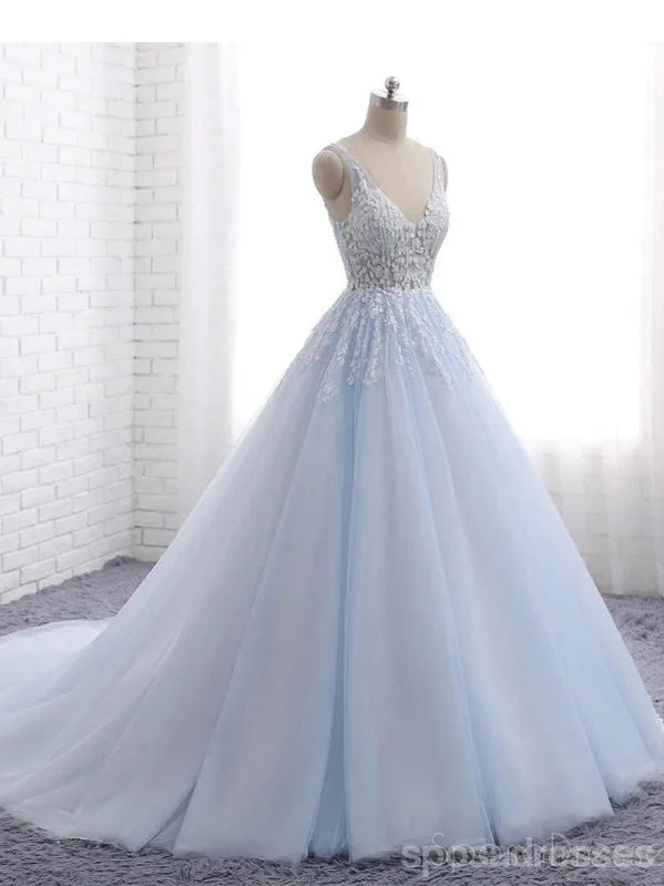 V-neckline maxi dress-Pale Blue V Neckline A line Tulle Lace Beaded Evening Prom Dresses, Popular Sweet 16 Party Prom Dresses, Custom Long Prom Dresses, Cheap Formal Prom Dresses, 17171