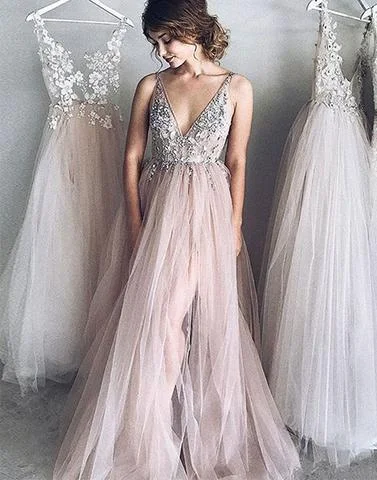 Pleated skirt maxi dress-Pale Blush Pink Sexy Deep V Neckline Lace Beaded Long Evening Prom Dresses, Popular Cheap Long 2018 Party Prom Dresses, 17302