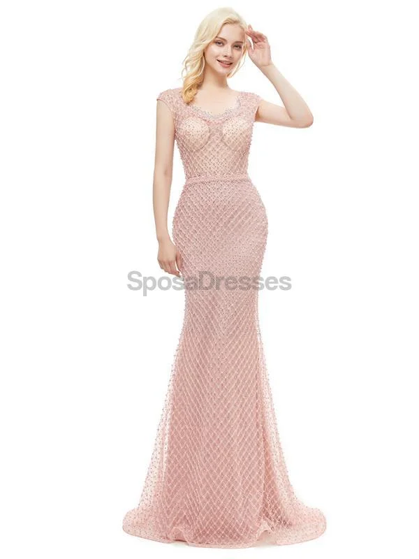 Textured fabric elegant maxi dress-Peach Seen Through Cap-Sleves Lace Beaded Mermaid Evening Prom Dresses, Evening Party Prom Dresses, 12046