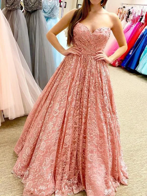 Side slit summer maxi dress-Peach Lace Beaded Sweetheart A-line Cheap Evening Prom Dresses, Sweet 16 Dresses, 17497