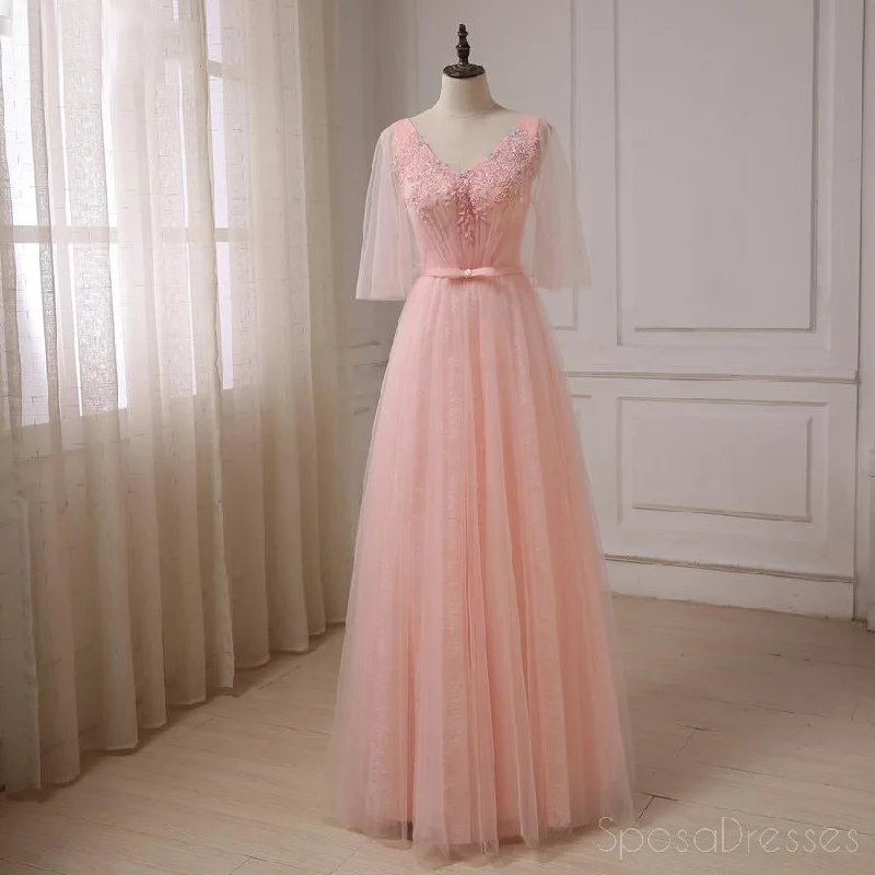 Braided belt casual maxi dress-Peach Tulle Beaded Short Sleeve Long Evening Prom Dresses, Popular Cheap Long 2018 Party Prom Dresses, 17245