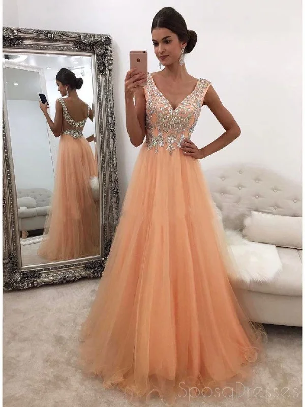 Sheer panel boho maxi dress-Peach V Neckline Rhinestone Low Back Tulle A line Long Custom Evening Prom Dresses, 17398