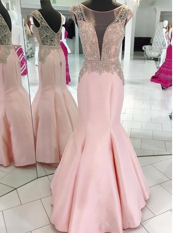 Layered ruffle casual maxi dress-Pink Cap Sleeve Beaded V Neck Mermaid Long Evening Prom Dresses, 17518