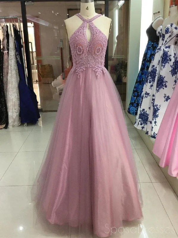 High split formal maxi dress-Pink Lace Applique A-line Long Evening Prom Dresses, Cheap Sweet 16 Dresses, 18306