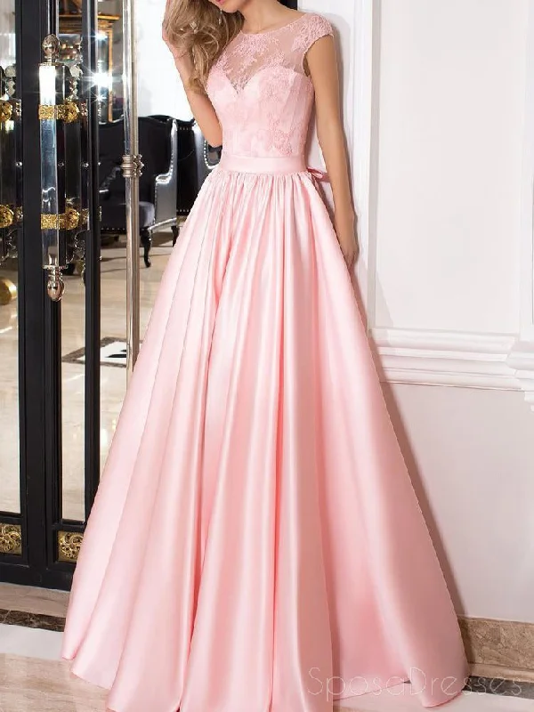 Adjustable strap summer maxi dress-Pink Lace Illusion Cap Sleeve A-line Long Evening Prom Dresses, 17679