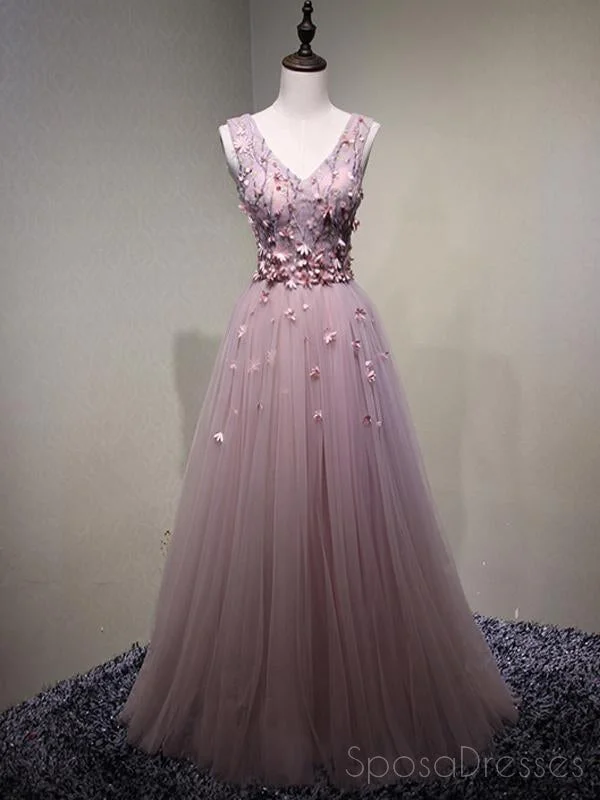 Metallic thread formal maxi dress-Pink See Through V Neck A-line Tulle Long Evening Prom Dresses, 17616