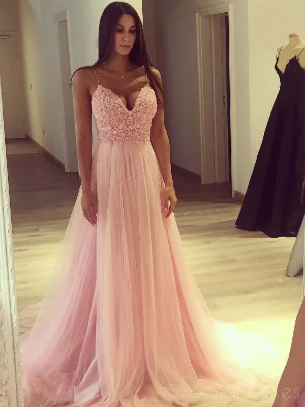 Textured fabric elegant maxi dress-Pink V Neck Lace Beaded Halter Tulle A-line Floor Length Custom Long Evening Prom Dresses, 17382