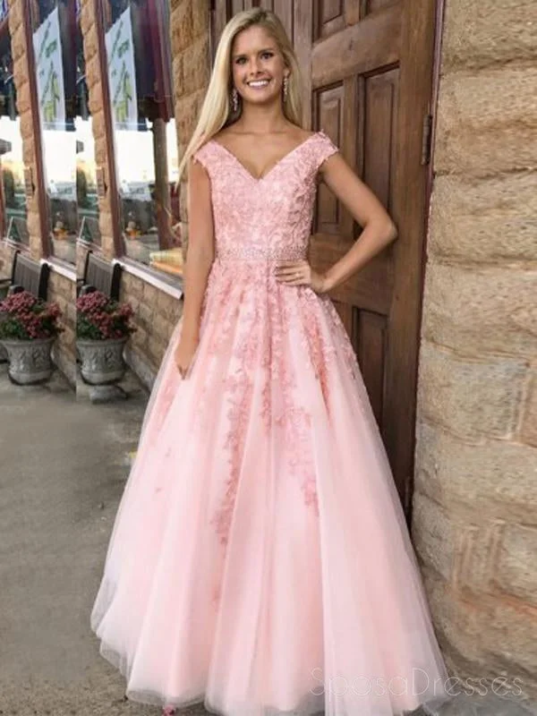 Sweetheart neckline maxi dress-Pink V Neck Short Sleeve Lace A-line Evening Prom Dresses, Sweet 16 Dresses, 17591