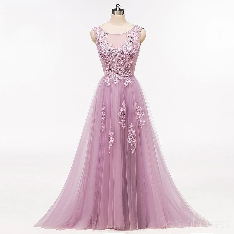 Floral embroidery elegant maxi dress-Purple Scoop Neckline Tulle Skirt Long Evening Prom Dresses, Popular Cheap Long 2018 Party Prom Dresses, 17225