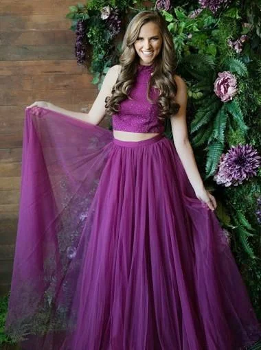 Retro style elegant maxi dress-Purple Two Pieces Side Slit Halter Tulle Long Evening Prom Dresses, 17610