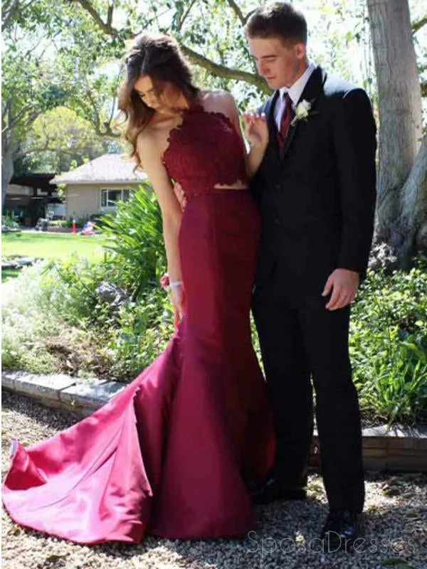 Textured fabric elegant maxi dress-Red Halter Two Pieces Mermaid Long Evening Prom Dresses, 17590