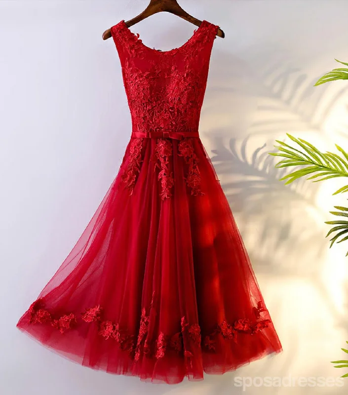 Dolman sleeve formal maxi dress-Red Lace Round Neckline Short Homecoming Prom Dresses, Affordable Corset Back Short Party Prom Dresses, Perfect Homecoming Dresses, CM245