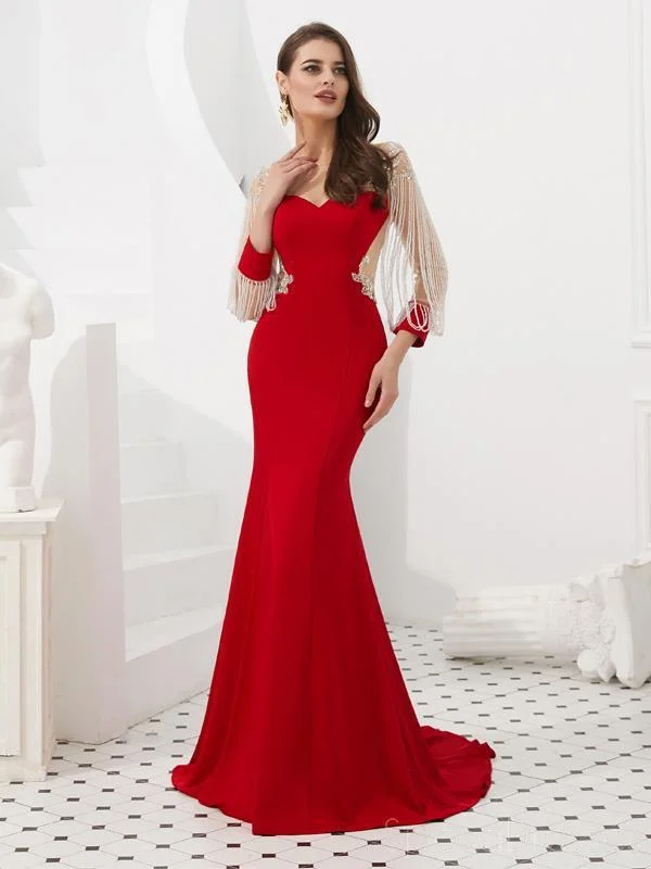 Black formal maxi dress-Red Long Sleeves See Through Back Beaded Mermaid Evening Prom Dresses, Evening Party Prom Dresses, 12082