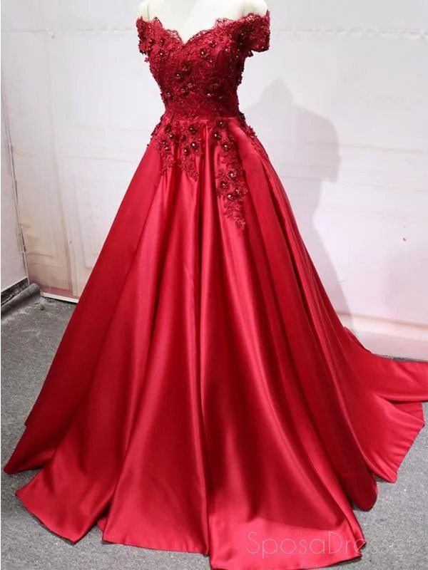 Empire waist elegant maxi dress-Red Off Shoulder Lace Long A-line Evening Prom Dresses, 17539