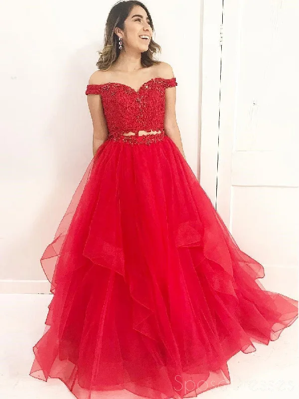 Cotton fabric casual maxi dress-Red Off Shoulder Lace Two Pieces A line Long Custom Evening Prom Dresses, 17443