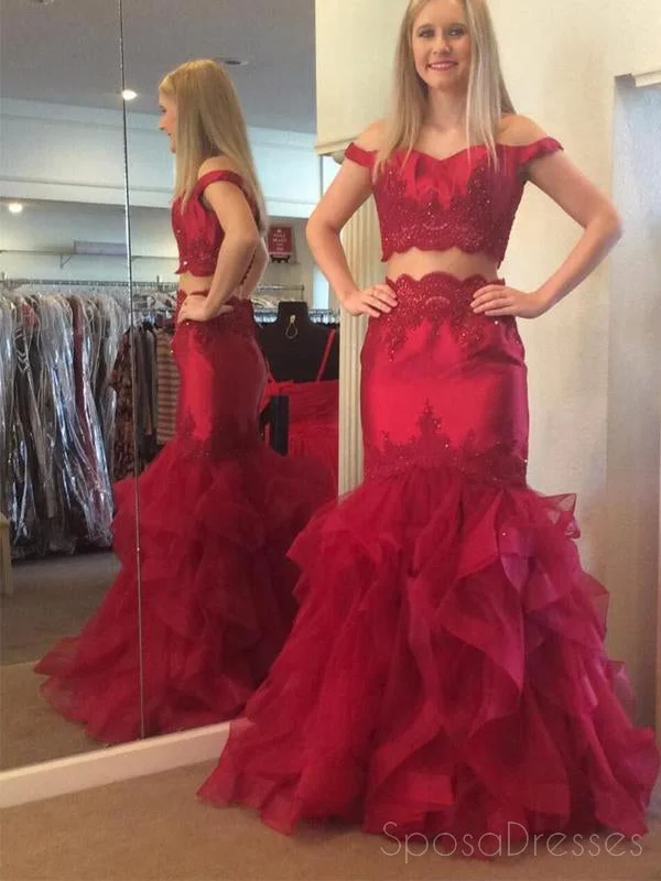 Bell sleeve maxi dress-Red Off Shoulder Two Pieces Mermaid Long Evening Prom Dresses, 17568