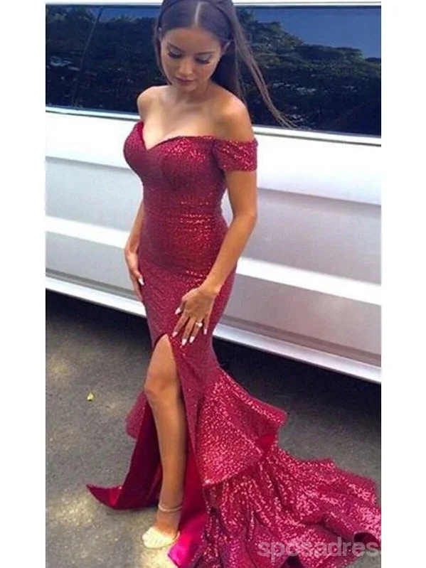 Boho chic maxi dress-Sexy Off Shoulder Sparkle Red Sequined Mermaid Prom Dresses,  Long Red Evening Dresses, Long Prom Dress, Prom Dresses Online,PD0184