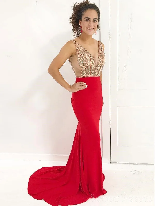 Casual t-shirt summer maxi dress-Red Sexy See Through Backless Beaded Mermaid Long Custom Evening Prom Dresses, 17445