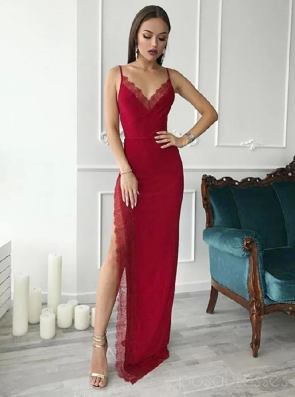 Braided belt casual maxi dress-Red Spaghetti Straps Mermaid Side Slit Long Evening Prom Dresses, Cheap Sweet 16 Dresses, 18339