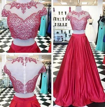 Peplum detail elegant maxi dress-Red Two Pieces Evening Prom Dresses, Cap sleeve Beaded Party Prom Dress, Custom Long Prom Dresses, Cheap Formal Prom Dresses, 17066