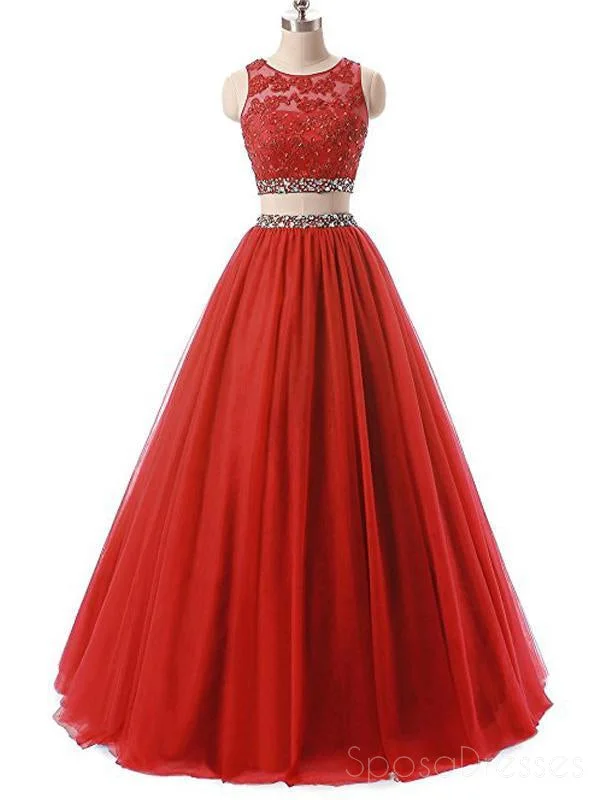 Bishop sleeve formal maxi dress-Red Two Pieces Rhinestone Tulle A-line Long Evening Prom Dresses, 17668