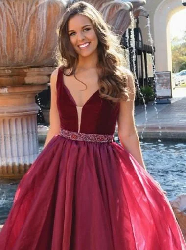 Side zipper boho maxi dress-Red V-Neck A-line Maroon Organza Long Evening Prom Dresses, 17598