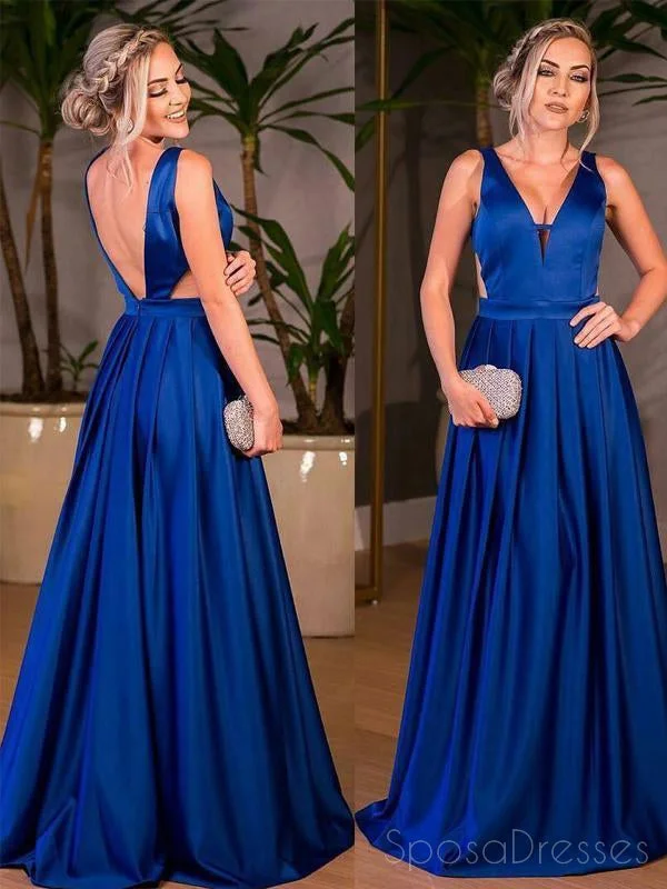 Empire waist elegant maxi dress-Royal Blue Backless V Neck A line Long Custom Evening Prom Dresses, 17433