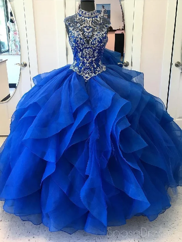 Tie-waist casual maxi dress-Royal Blue Ball Gown High Neck Rhinestone Beaded Long Evening Prom Dresses, 17689