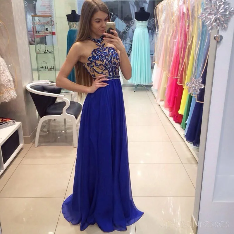 Smocked bodice boho maxi dress-Royal  Blue Beaded Long Evening Prom Dresses, Chiffon Halter Party Prom Dress, Custom Long Prom Dresses, Cheap Formal Prom Dresses, 17046