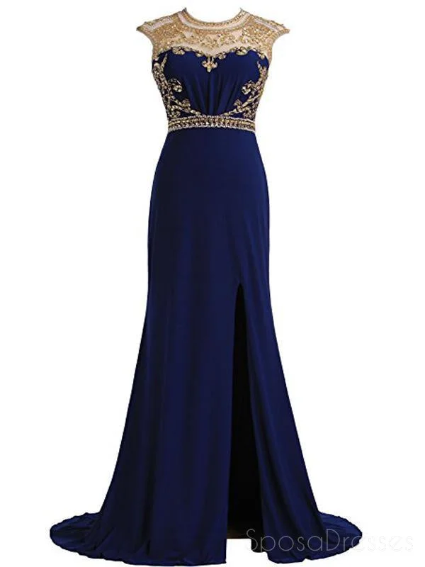 Art deco design casual maxi dress-Royal Blue Gold Beaded Side Slit Mermaid Long Evening Prom Dresses, 17677