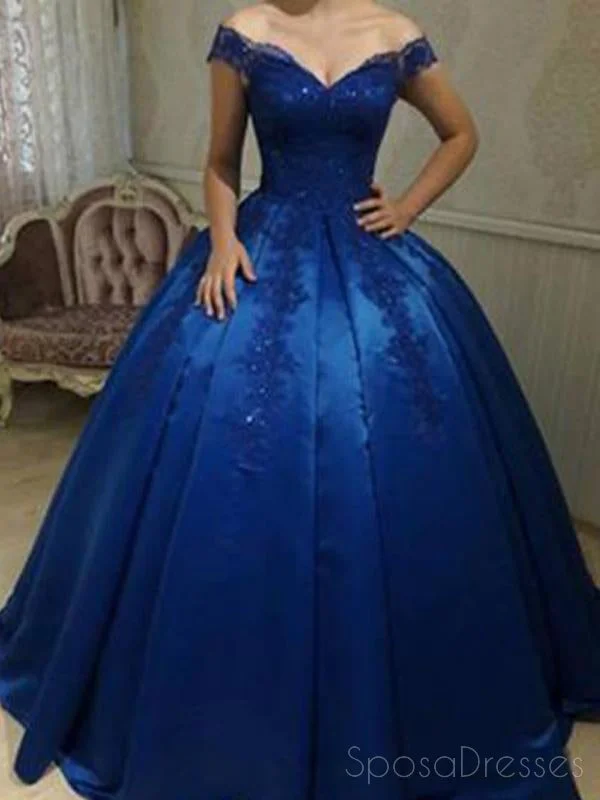 Adjustable waist summer maxi dress-Royal Blue Off Shoulder Lace A line Long Evening Prom Dresses, 17469