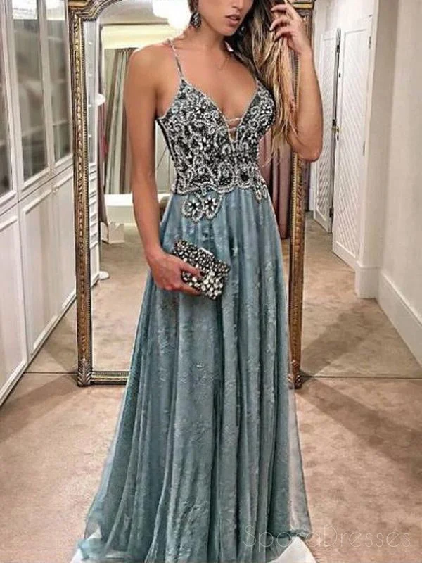 Vibrant color beach maxi dress-Sage Green Halter Delicate Beaded V Neck Lace Long Evening Prom Dresses, 17477