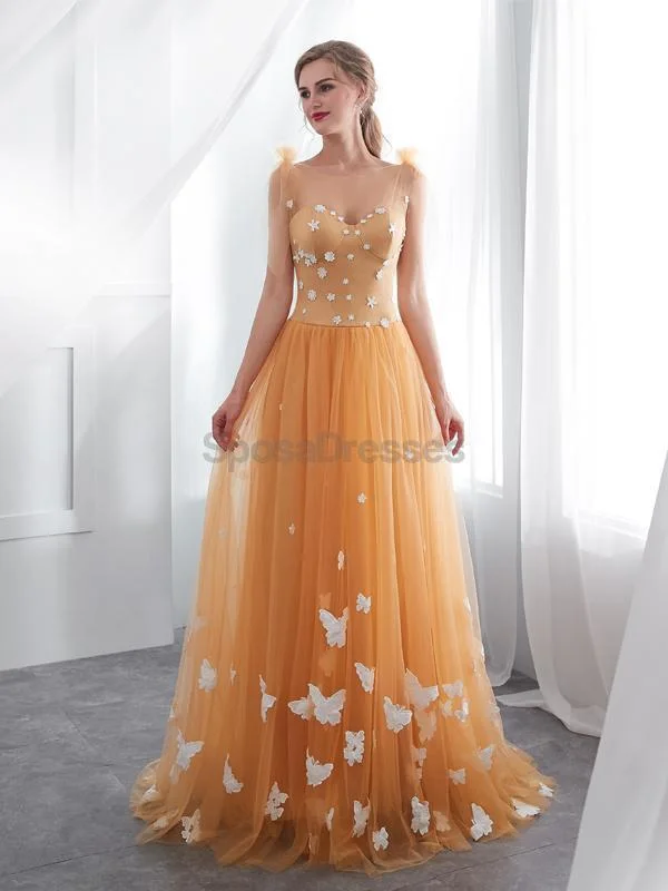 Elastic waist summer maxi dress-Scoop Butter Fly Orange A-line Tulle Evening Prom Dresses, Evening Party Prom Dresses, 12025